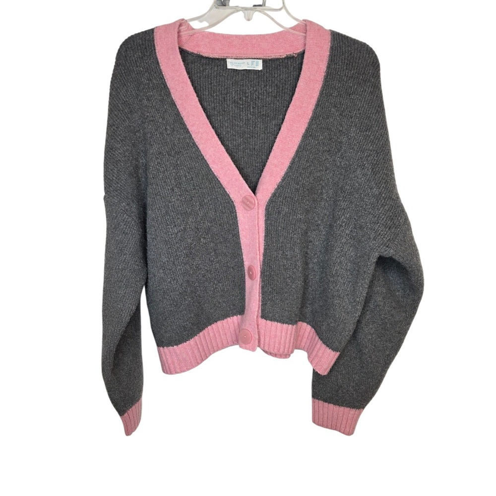 Primark Gray Pink Trim Knit Cardigan Sweater Womens Size L Long Sleeve Casual - Picture 10 of 11